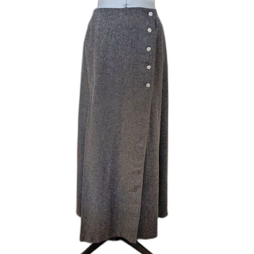 Vtg 60s/ Early 70s "Madison" Grey Wool Rhinestone Button Evening Maxi Skirt sz 4